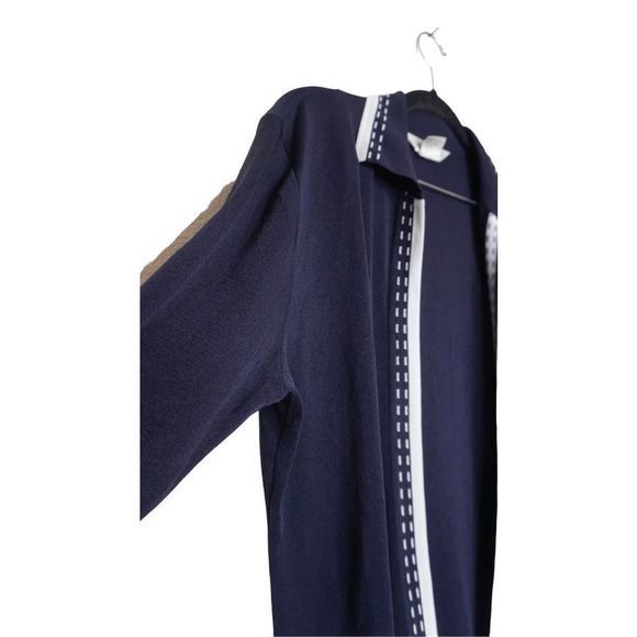 Exclusively Misook Size XS Navy Blue White‎ Trim Open Front Knit Cardigan Jacket - Picture 3 of 7